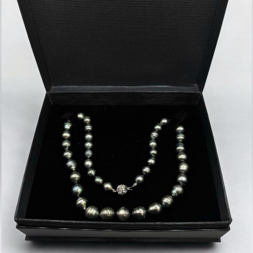 Tahitian Pearl Necklace 18” 14k White Gold Clasp Grey/Black 8-10mm NEW IN BOX - Picture 8 of 12